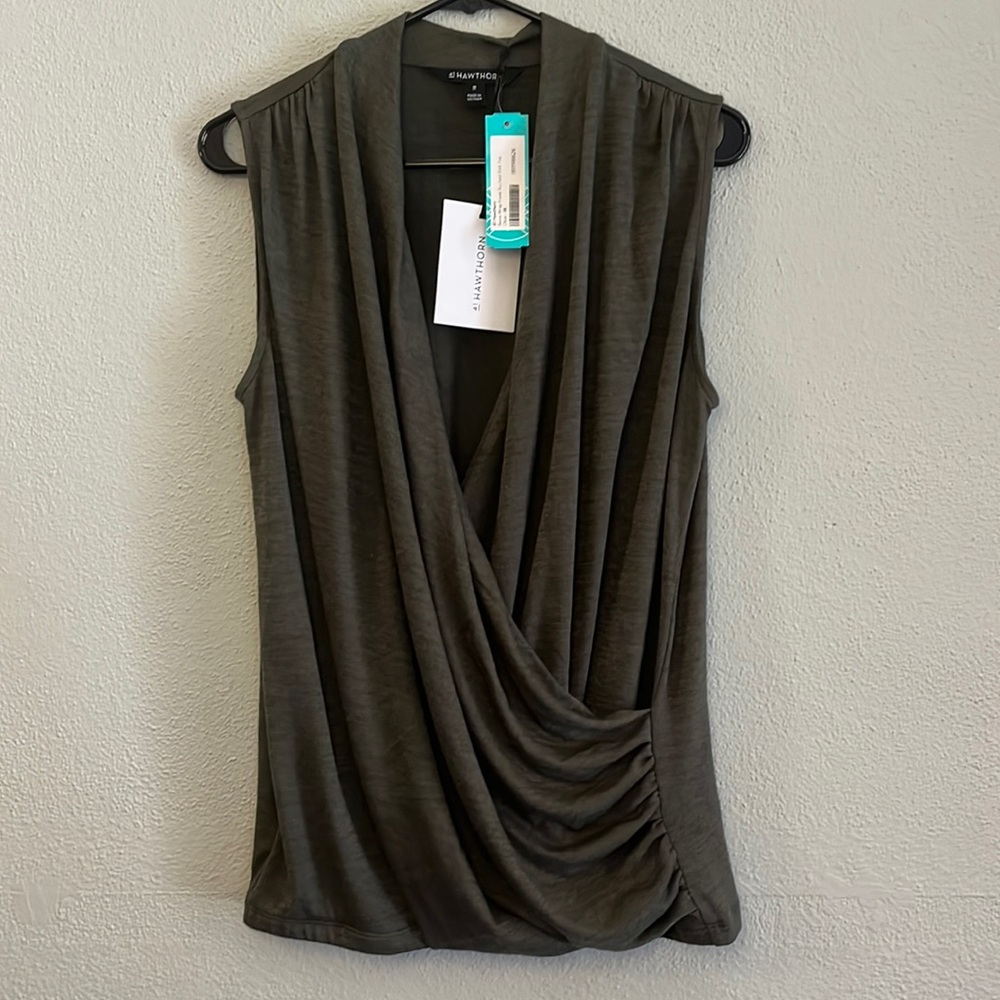 Adorable sleeveless cross front top, dark olive